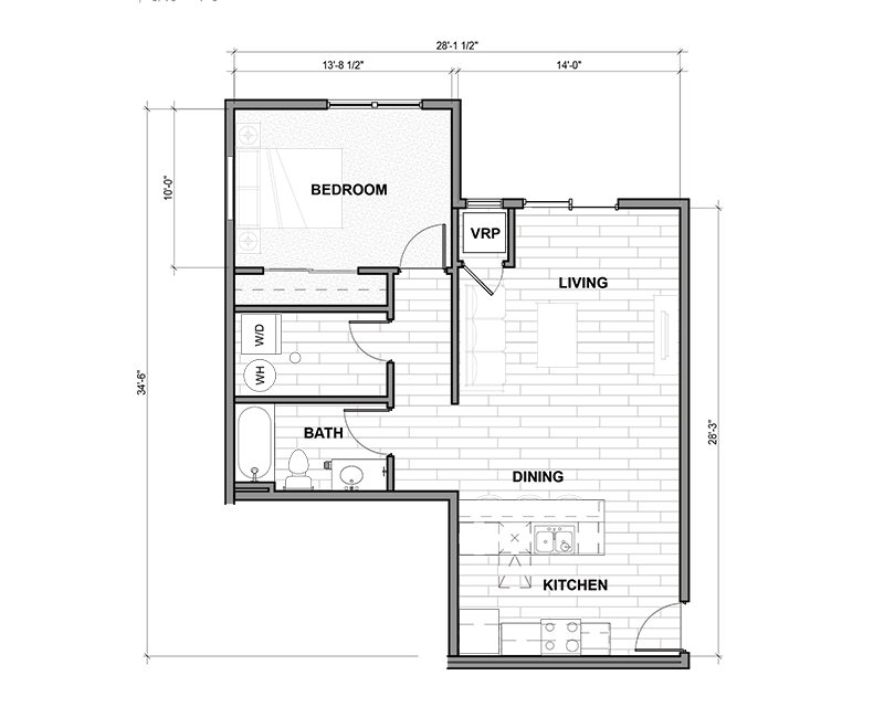 A floor plan of a house with a living room, dining room, kitchen, and bathroom.